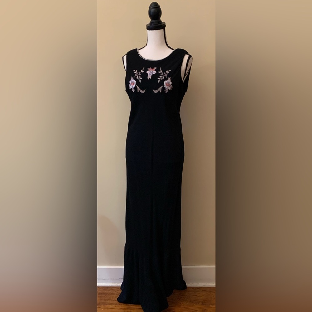 VTG Carol Anderson  Long Dress Black S. 12 P Rayon Asy. Hem. Embroider